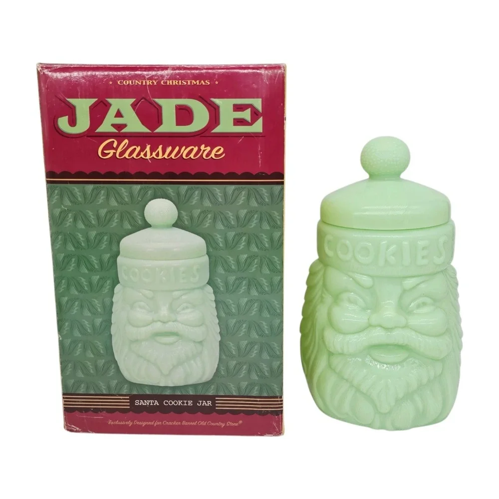 Vintage Cracker Barrel Jade Santa Cookie Jar Glass 11